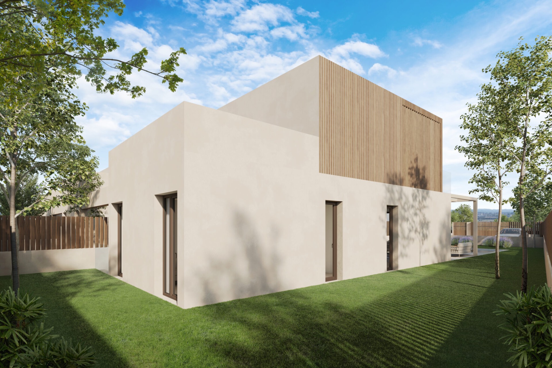 Rear elevation of a Crestatx villa with timber-clad upper volume