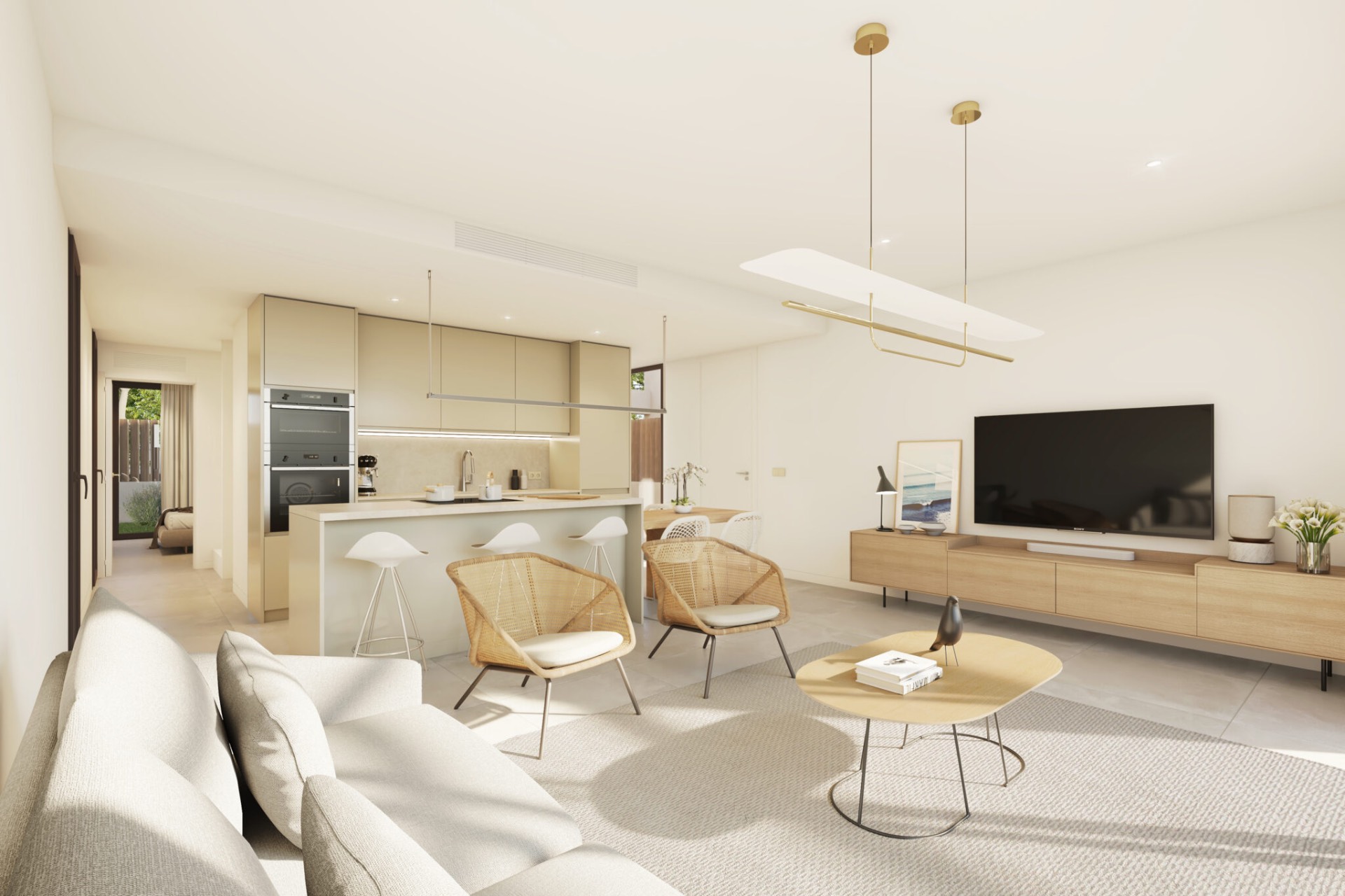 Living room and open kitchen with brushed-gold accents