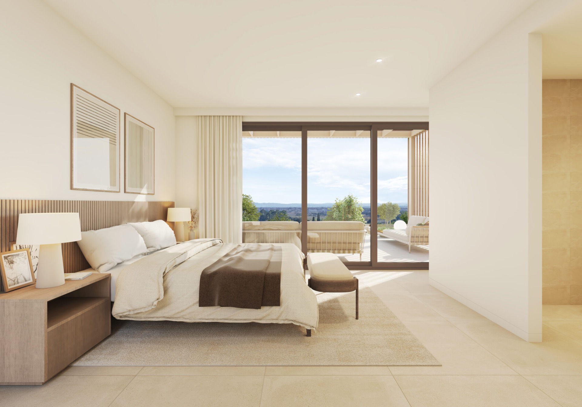 First-floor bedroom with terrace and long views