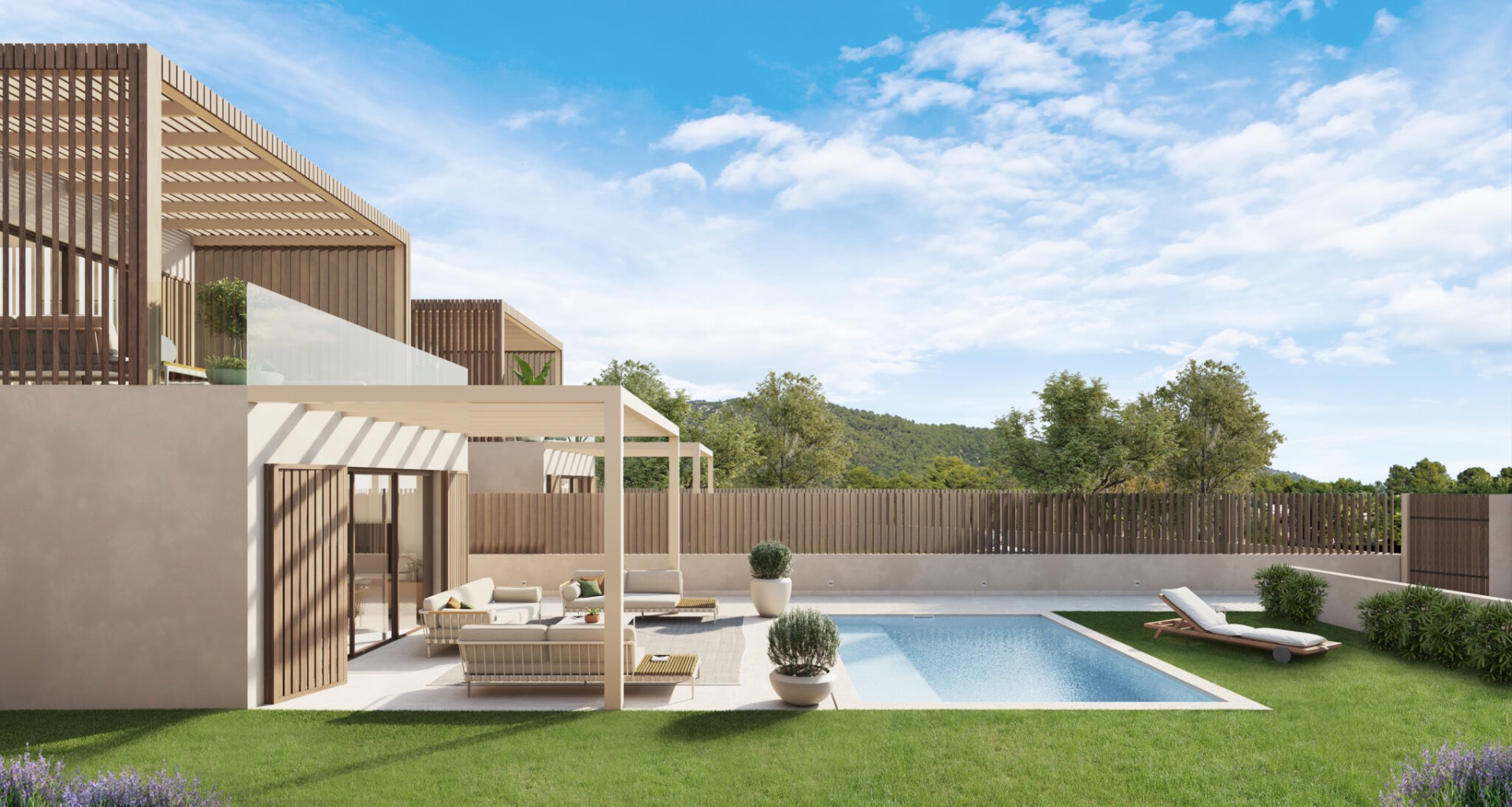 Side garden with pergola, pool and lawn
